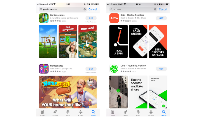 Examples from the App Store search results illustrating how different apps and games utilise screenshots to communicate value proposition.